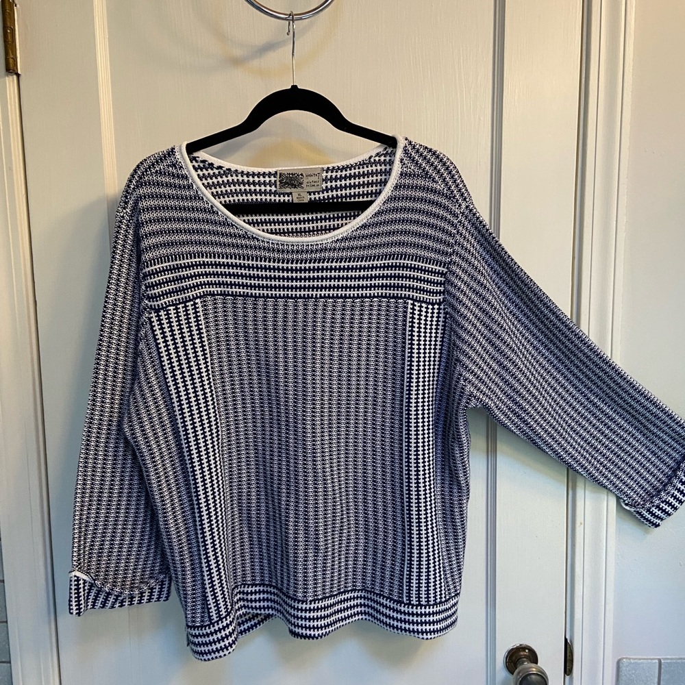 Habitat XL blue white sweater boxy 3/4 sleeve cotton
